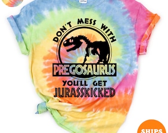 Funny Pregosaurus Tie Dye T-shirt for Baby Shower | Pregnancy Announcement Tee | Funny Gift for Expecting Mom | Shirt for Baby Announcement