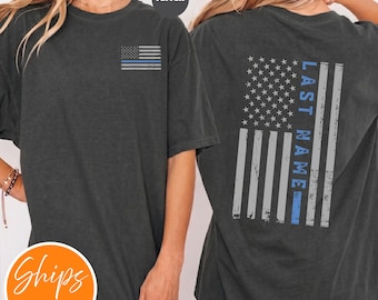 Custom Last Name American Flag T-shirt | Thin Blue Vertical Line Flag | Personalized Police Shirt | Custom Last Name Gift | Comfort Colors