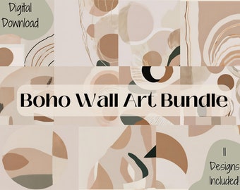 May include: A digital download bundle of 11 abstract boho wall art prints in neutral colours like beige, brown, and cream. The prints feature geometric shapes and organic lines.
