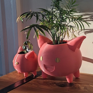 Op de afbeelding: Twee roze keramische plantenpotten in de vorm van cartoondieren. De grotere pot heeft een glimlachend gezicht met gouden ogen en bevat een groene plant. De kleinere pot is katvormig en bevat een kleine groene plant.