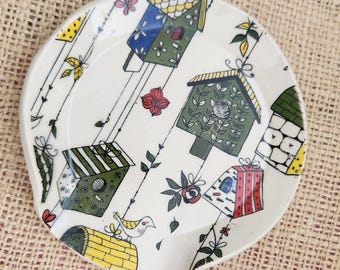 Ceramic Spoon Rest: Handmade Pottery Birdhouse Design