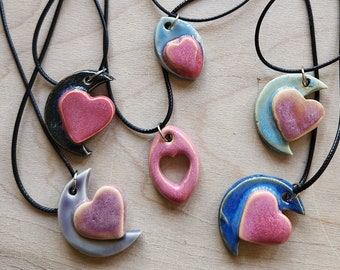 Ceramic Heart Necklaces, Ceramic Jewelry, Necklace, Handmade Pottery Pendant, Handmade Gift, Black Cord