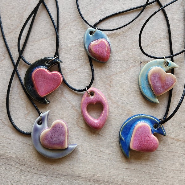 Ceramic Heart Necklaces, Ceramic Jewelry, Necklace, Handmade Pottery Pendant, Handmade Gift, Black Cord