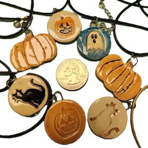 Ceramic Halloween Necklaces, Ceramic Jewelry, Necklace, Handmade Pottery Pendant, Ghost, Cat, Pumpkin, Black Cord