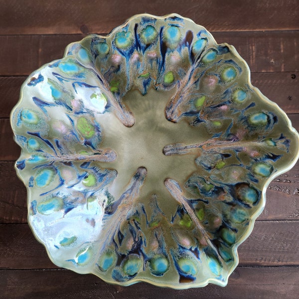 Large Ceramic Bowl with peacock style inside and blue exterior, Handmade stoneware, decor, mom gift, gift for her, pottery, decorative