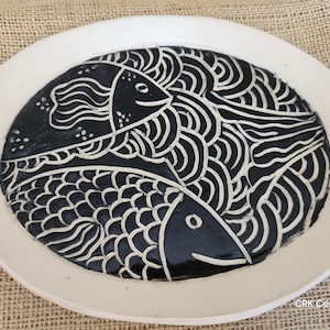 Black Fish plate, oval dish plate, hand drawn Sealife pattern, fish ceramic plate, black, trinket dish, handmade pottery, ocean lover gift