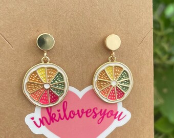 Ohringe Regenbogen-Früchte-Anhänger aus Emaille an 925 Sterling Silber Ohrstecker, 18 K vergoldet, mit extra vergoldeten Stoppern