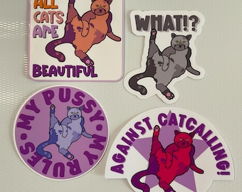 Protest Cat Sticker Set 4tlg. groß - Aufkleber für Scrapbooking / DIY / Journaling oder in wasserfest & UV-beständiger Variante für draußen!