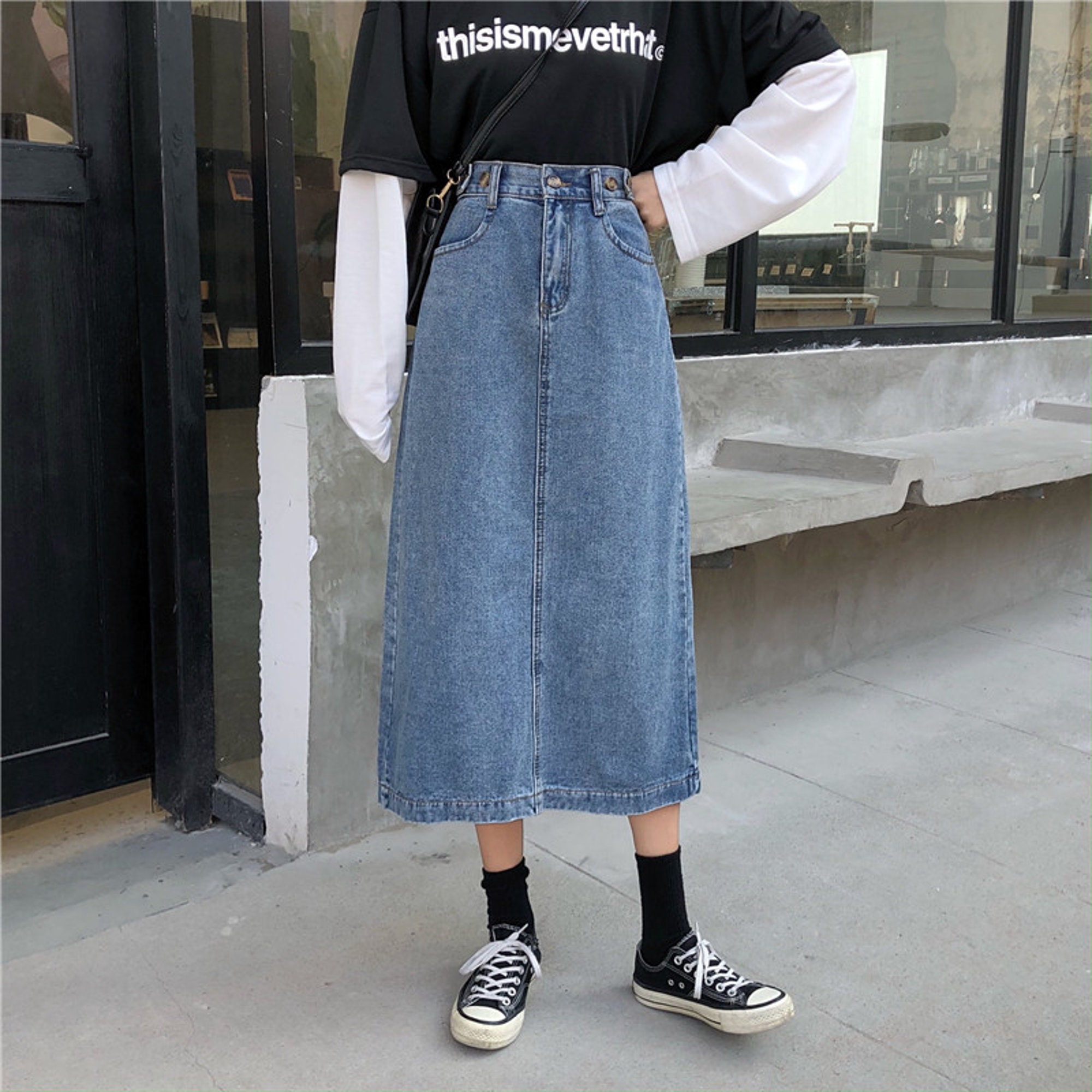 Y2K Vintage Front Split High Wasit Jeans Skirt Long Denim - Etsy