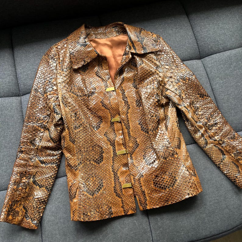 May include: A brown and black snakeskin-patterned jacket with a collared neckline and long sleeves. The jacket has a button-up front with gold-colored closures. The interior lining is a solid brown color.