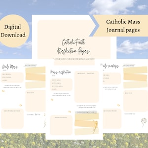 May include: Digital download of Catholic Mass Journal pages. The pages include sections for daily readings, mass reflection, and key takeaways. The design is a soft beige with floral accents and text in a handwritten style.