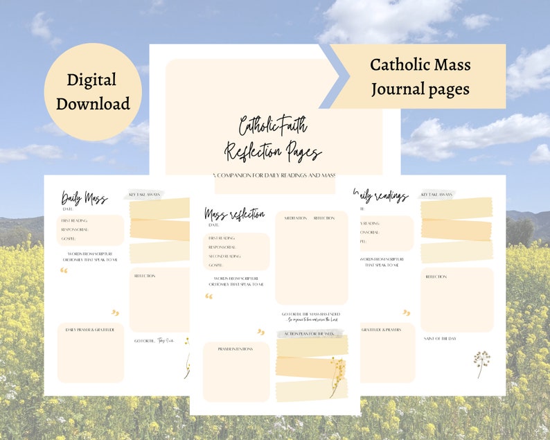 May include: Digital download of Catholic Mass Journal pages. The pages include sections for daily readings, mass reflection, and key takeaways. The design is a soft beige with floral accents and text in a handwritten style.