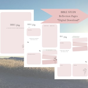 May include: A set of pink and white Bible study reflection pages. The pages include areas for notes, readings, and reflections. The text "Bible Study" and "Reflection Pages" are visible. The words "Digital Download" are also present.