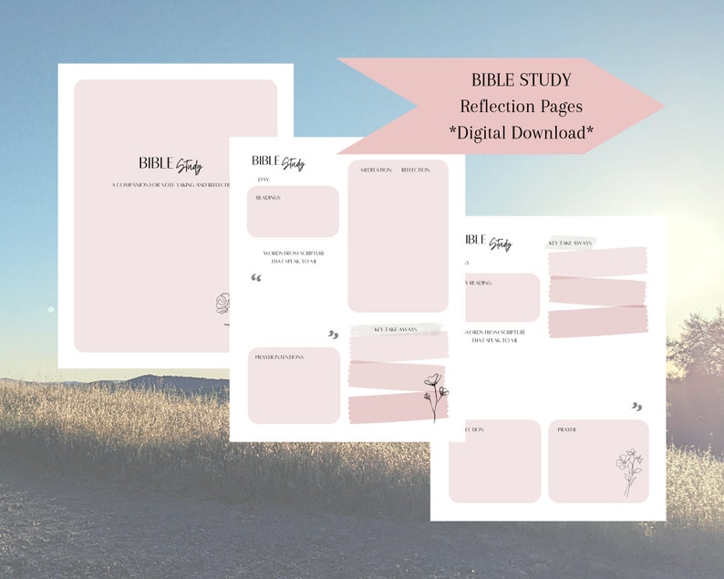 May include: A set of pink and white Bible study reflection pages. The pages include areas for notes, readings, and reflections. The text "Bible Study" and "Reflection Pages" are visible. The words "Digital Download" are also present.