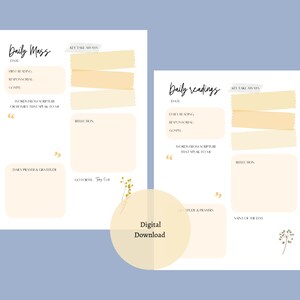 May include: Two printable digital templates for daily reflection, featuring sections for readings, reflections, and key takeaways. The templates have a minimalist design with a soft color palette and the words "Daily Mass" and "Daily Readings".