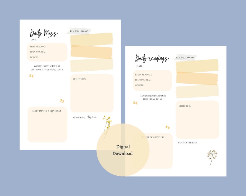 May include: Two printable digital templates for daily reflection, featuring sections for readings, reflections, and key takeaways. The templates have a minimalist design with a soft color palette and the words "Daily Mass" and "Daily Readings".
