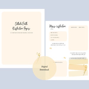 May include: Two-page spread of Catholic Faith Reflection Pages. The left page has the title and the text "A companion for daily readings and mass." The right page is for mass reflection, with sections for readings, reflection, and action plans. Includes the text "Digital Download."