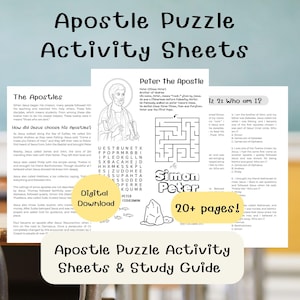 May include: Apostle Puzzle Activity Sheets & Study Guide. The image features study guides with text, including "The Apostles" and "Peter the Apostle." It also includes a maze and a word search puzzle. The product is available as a digital download.