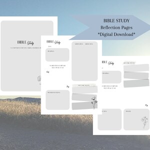 May include: A digital download of Bible study reflection pages. The pages are light gray with the words "Bible Study" at the top. The pages include sections for readings, reflections, and prayers. The text "Reflection Pages *Digital Download*" is also visible.