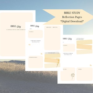 May include: Bible study reflection pages with a soft, neutral color palette. The pages include prompts for reflection, key takeaways, and scripture notes. The text "Bible Study" is displayed prominently. The words "Digital Download" are also visible.