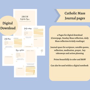 May include: Digital download of Catholic Mass Journal pages. The pages include space for scripture, reflection, and prayer. The design is in soft beige and white with a light blue background. The text includes "Daily Mass" and "Mass Reflection."
