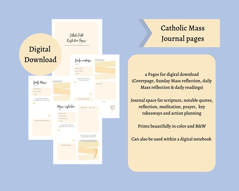 May include: Digital download of Catholic Mass Journal pages. The pages include space for scripture, reflection, and prayer. The design is in soft beige and white with a light blue background. The text includes "Daily Mass" and "Mass Reflection."