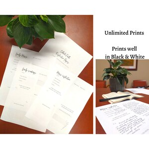 May include: A collection of white paper sheets with handwritten text, including "Daily Mass," "Daily readings," and "Mass reflection." The text "Unlimited Prints" and "Prints well in Black & White" are also visible. A pen and a plant are also in the image.