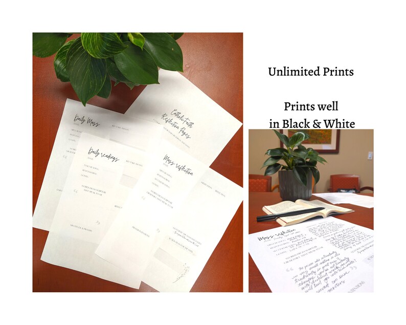 May include: A collection of white paper sheets with handwritten text, including "Daily Mass," "Daily readings," and "Mass reflection." The text "Unlimited Prints" and "Prints well in Black & White" are also visible. A pen and a plant are also in the image.