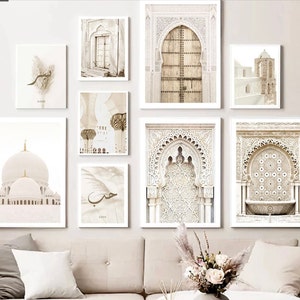 Islam wall art; Poster Set, Sheikh Zayed Mosque, White Rose, Mosque Entrance, Digital Print, Minimalist/ White, Beige