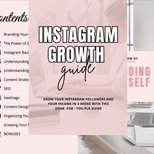 Könnte beinhalten: Eine rosa und weiße Grafik mit dem Text "INSTAGRAM GROWTH guide" und "GROW YOUR INSTAGRAM FOLLOWERS AND YOUR INCOME IN 4 WEEKS WITH THIS DONE-FOR-YOU PLR GUIDE". Die Grafik enthält auch eine Liste von 12 Elementen mit den Nummern 1-12, darunter "Branding Your", "The Power of S", "Instagram Basics", "Understanding", "Understanding", "Content Strategy", "SEO", "Hashtags", "Content Design", "Organizing Your", "Growing Your" und "BONUSES".