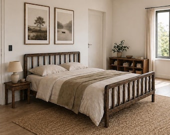 Estructura de cama rústica de madera, cama de plataforma minimalista, cama para adultos de madera maciza