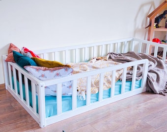 Solid Wood Montessori Toddler Floor Bed with Rails – Rounded Edges