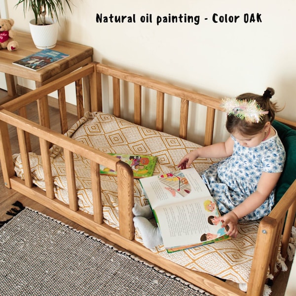 Nursery Platform Montessori floor toddler Bed frame with ROUND CORNERS slats rails Children's bed railing furniture bodenbett Kinderbett