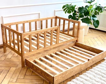 Toddler Floor Bed with Trundle – Wooden Bed Frame
