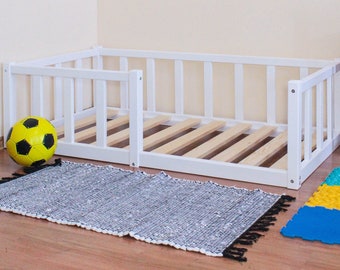 Montessori floor toddler bed, Bed frame with slats Floor bed with rails Platform bed frame Children's bed with railing, montessori furniture