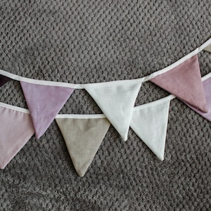 Boho neutral scandi linen cotton Child kids room wall decor birthday garland triangle flag banner decorations pastel bunting flags baby boy