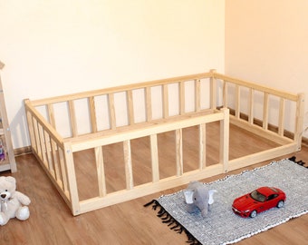 Floor Wooden kids Child loft baby crib girl Montessori toddler Platform bed frame with rails railing furniture little space queen twin