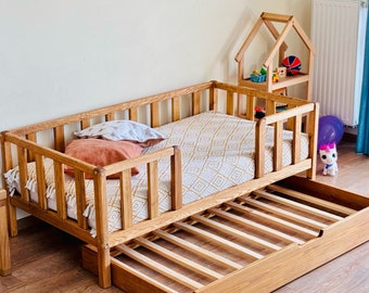 Nursery Platform Montessori floor toddler Bed frame with ROUND CORNERS drawer pull-out shelf slats rails furniture bodenbett Kinderbett