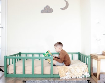 Montessori vloer peuterbed, Bedframe met lattenbodem Vloerbed met rails Platform bedframe Kinderbed met reling, montessori meubelen