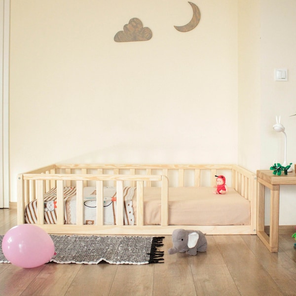 Lit enfant cabane letto Sol Montessori pour tout-petits Cadre de lit plateforme avec lattes aux coins arrondis pour barrière de lit, meubles bett bodenbett