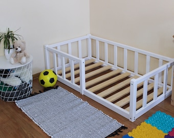 Montessori vloer peuterbed, Bedframe met lattenbodem Vloerbed met rails Platform bedframe Kinderbed met reling, montessori meubelen