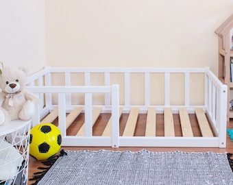 Montessori floor toddler bed, Bed frame with slats Floor bed with rails Platform bed frame Children's bed with railing, montessori furniture