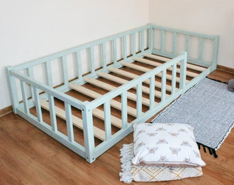 Montessori vloer peuterbed, Bedframe met lattenbodem Vloerbed met rails Platform bedframe Kinderbed met reling, montessori meubelen