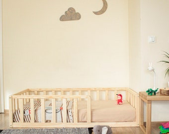 RONDE HOEKEN Montessorivloer peuter Bedframe met lattenbodems Platform bedframe Kinderbed met reling, montessori meubelen