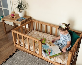 ROUND CORNERS Montessori floor toddler Bed frame with slats  rails Platform bed frame Children's bed with railing, montessori furniture