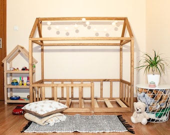 Kinder-Hausbett mit Lattenrost, Hausbett, Montessori-Bodenbett, Montessori-Bett, Lit cabane, Holzkleinkindbett, Letto Montessori, Bodenbet