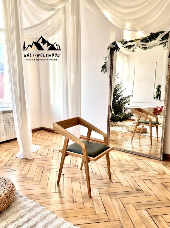 Oak Wood Chair with Leather Seat – Handmade Designer Chair