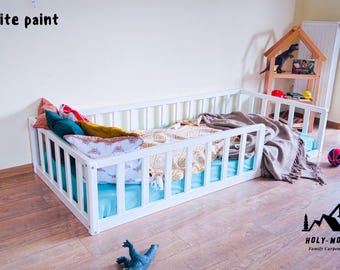 Montessori Nursery Platform floor toddler Bed frame with ROUND CORNERS slats rails Children&#39;s bed railing furniture bodenbett Kinderbett