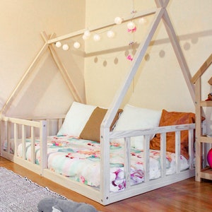 Toddler floor tepee montessori platform bed frame for kids montessori furniture, the owl tiny house, little space solid wood child bed frame 画像 4