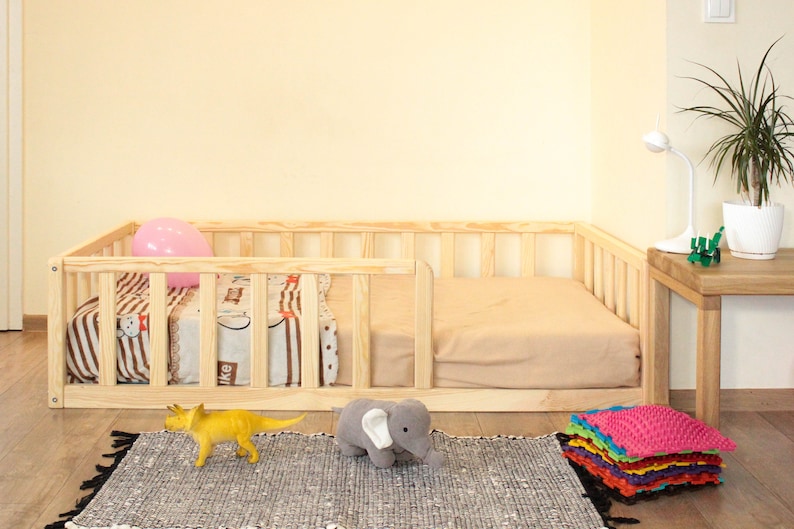 ROUND CORNERS Montessori floor toddler Bed frame with slats rails Platform bed frame Children's bed with railing, montessori furniture image 4